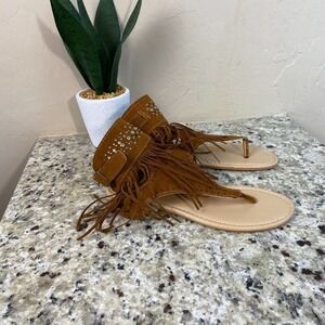 Boho Fringe Studded Gladiator Thong Sandals Cognac Brown Size 41 US 10